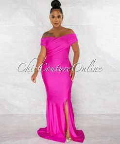 Chic Couture Online Dewey Hot Pink Drape Off-The Shoulders Maxi Dress