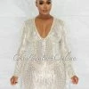 Vendor-unknown Glory Silver Sequin Pearls Chain Sleeves Fringe Mini Dress JUST IN