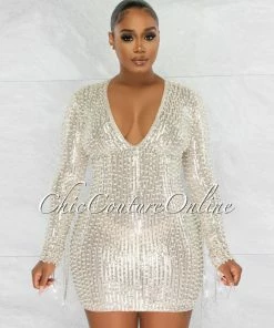 Vendor-unknown Glory Silver Sequin Pearls Chain Sleeves Fringe Mini Dress JUST IN