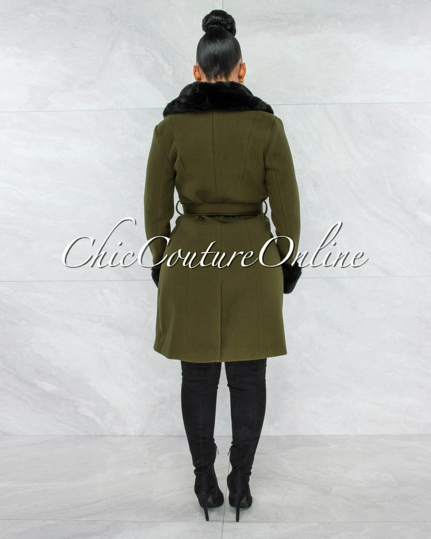 Vendor-unknown Entica Olive Green Black Faux Fur Coat