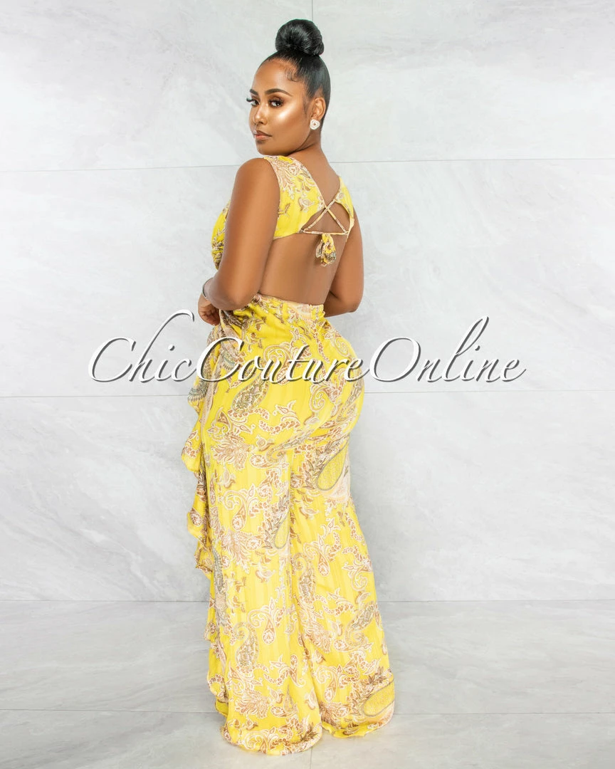 Chic Couture Online Elodie Yellow Brown Paisley Print Ruffle Legs Jumpsuit JUST IN