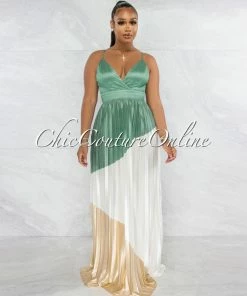 Vendor-unknown Yolana Sage Nude Block Color Pleated Satin Maxi Dress JUST IN