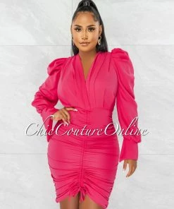 Chic Couture Online Crisanta Fuchsia V Pleated Neckline Ruched Midi Dress JUST IN