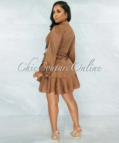 Vendor-unknown Raffy Copper Wrap Long Sleeves Ruffle Satin Dress