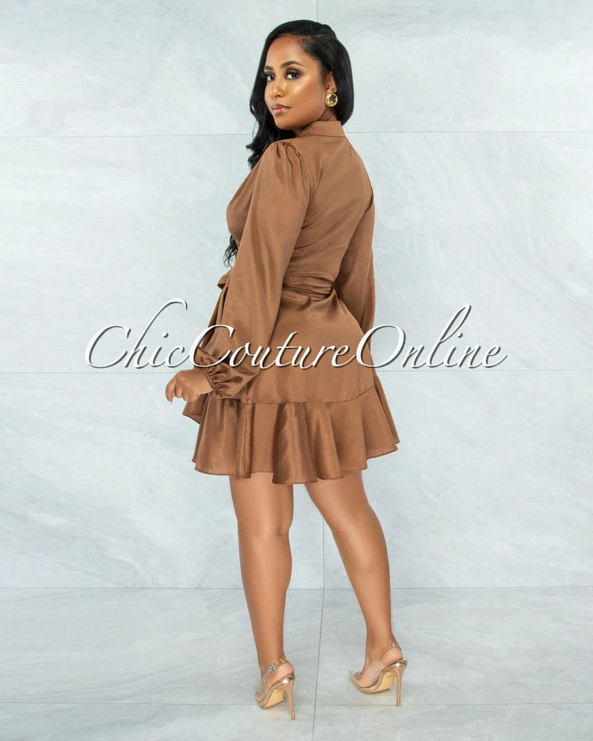 Vendor-unknown Raffy Copper Wrap Long Sleeves Ruffle Satin Dress