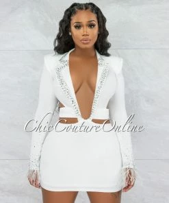 Vendor-unknown JUST IN Anthony Off-White Rhinestones & Feathers Cut-Out Dress