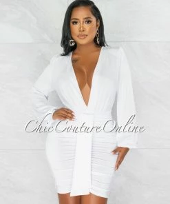 Chic Couture Online Umaya White Draped Bodysuit & Ruched Skirt Set JUST IN