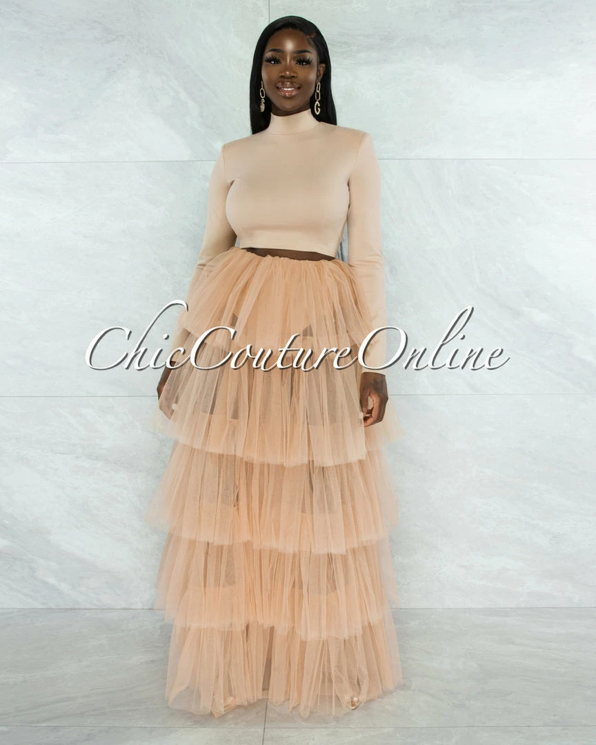 Vendor-unknown JUST IN Auduna Nude Long Sleeves Top & Tulle Ruffle Maxi Skirt Set