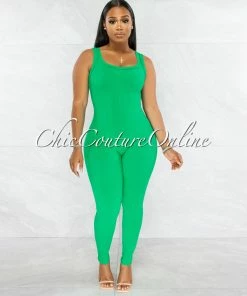 Chic Couture Online JUST IN Marsala Kelly Green Round Neck Ribbed Jumpsuit