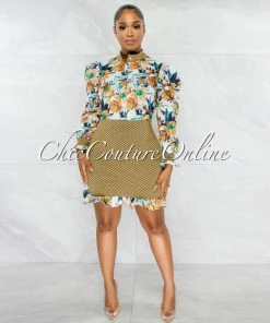 Chic Couture Online JUST IN Harper White Mustard Floral Print Ruffle Dress