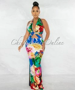 Chic Couture Online JUST IN Lunar Multi-Color Floral Print Cut-Out Maxi Dress