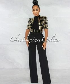 Vendor-unknown JUST IN Jerricka Gold Black Sequins Bow Crochet Jumpsuit