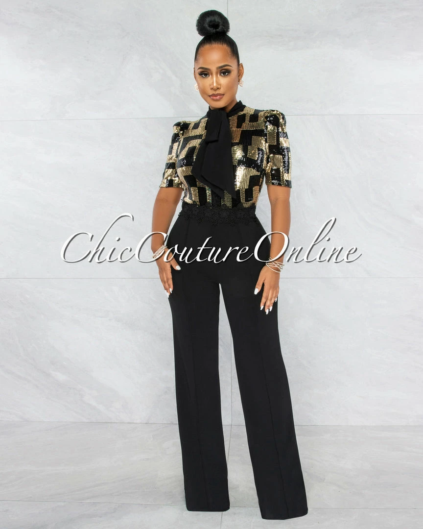 Vendor-unknown JUST IN Jerricka Gold Black Sequins Bow Crochet Jumpsuit