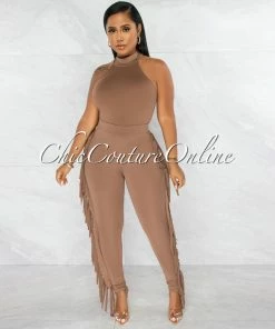 Chic Couture Online JUST IN Andrea Brown Crop Top & Tassels Leggings Set
