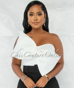 Chic Couture Online Fineas Off-White Dramatic Bow Accent Ponti Crop Top