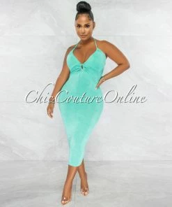 Chic Couture Online Dallas Mint Front Key-Hole Midi Shimmery Dress JUST IN