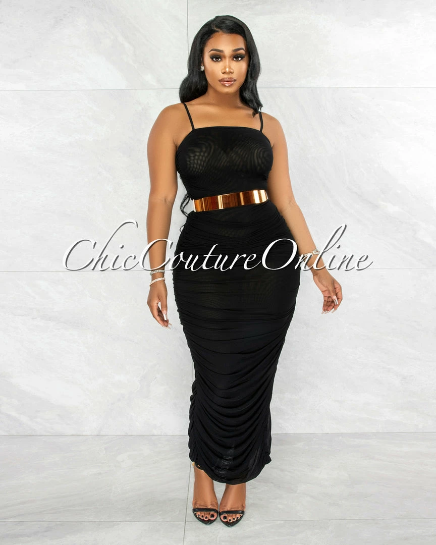 Vendor-unknown Camilo Black Mesh Ruched Sheer Maxi Dress