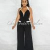 Vendor-unknown Torny Black White Trim Halter Wide Legs Jumpsuit JUST IN