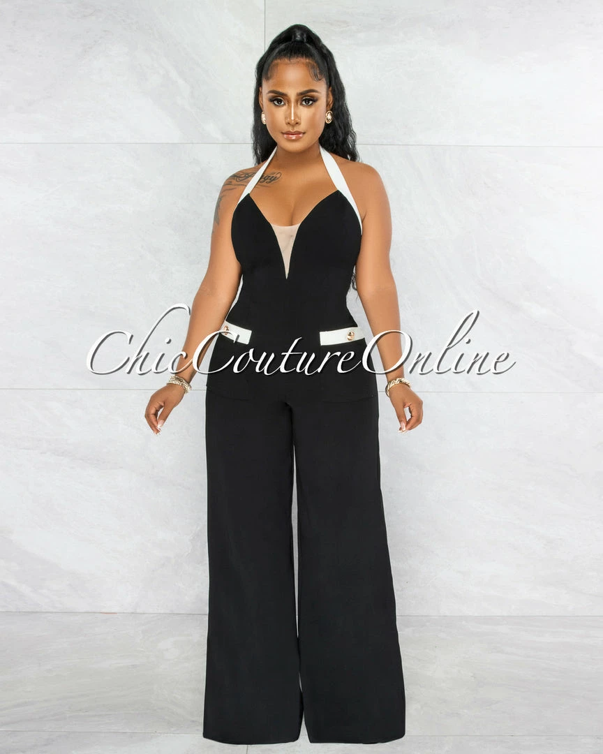 Vendor-unknown Torny Black White Trim Halter Wide Legs Jumpsuit JUST IN