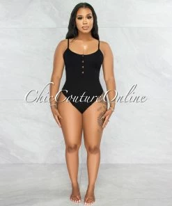 Vendor-unknown Attiyah Black Ribbed Gold Accent Bodysuit JUST IN