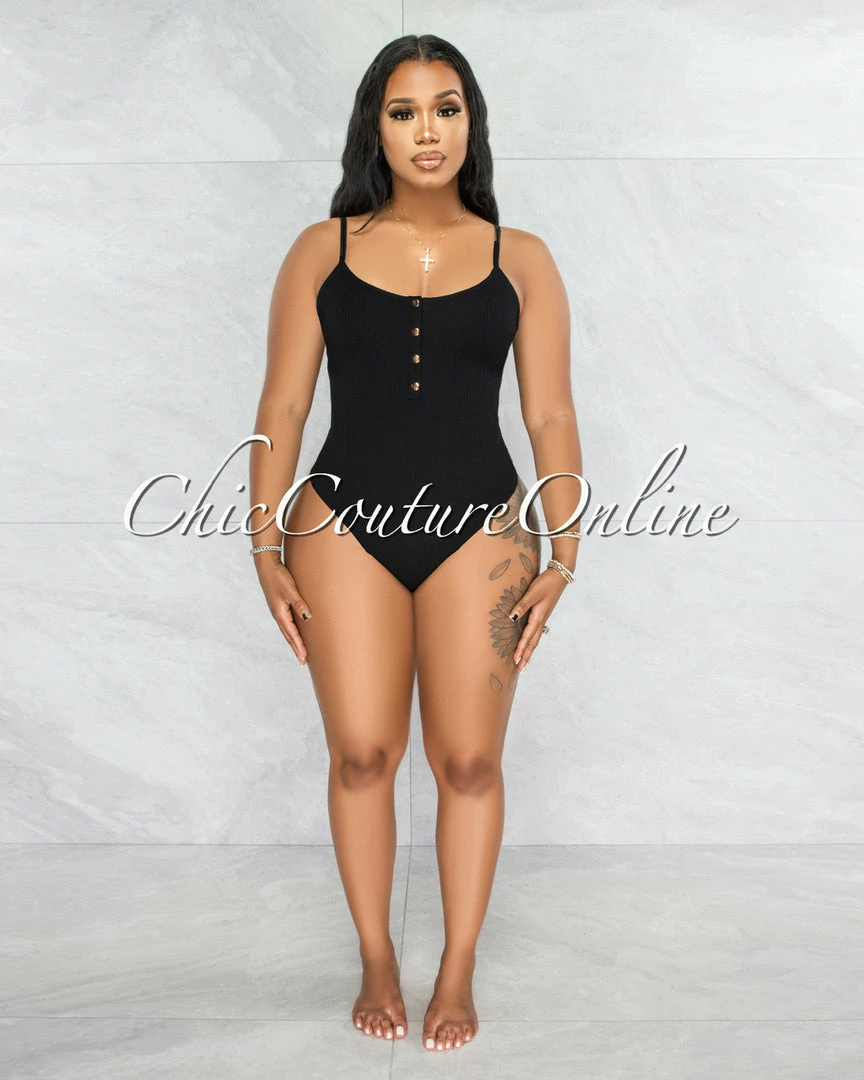 Vendor-unknown Attiyah Black Ribbed Gold Accent Bodysuit JUST IN