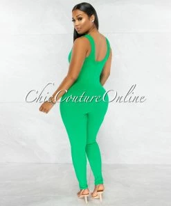 Chic Couture Online JUST IN Marsala Kelly Green Round Neck Ribbed Jumpsuit