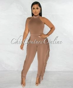 Chic Couture Online JUST IN Andrea Brown Crop Top & Tassels Leggings Set