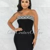 Vendor-unknown JUST IN Rokka Black White Fret Print Strapless Bandage Dress
