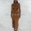 Vendor-unknown JUST IN Pembroke Brown Halter Draped Ruched Maxi Dress