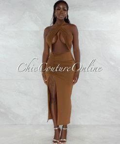 Vendor-unknown JUST IN Pembroke Brown Halter Draped Ruched Maxi Dress