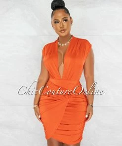 Chic Couture Online Ovida Orange Draped Bodysuit & Overlay Skirt Set JUST IN
