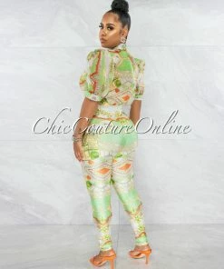 Chic Couture Online Savana White Lime Print Bubble Sleeves Sheer Top Jumpsuit JUST IN