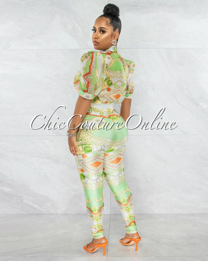 Chic Couture Online Savana White Lime Print Bubble Sleeves Sheer Top Jumpsuit JUST IN