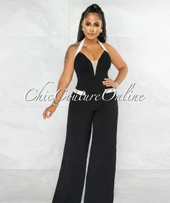 Vendor-unknown Torny Black White Trim Halter Wide Legs Jumpsuit JUST IN