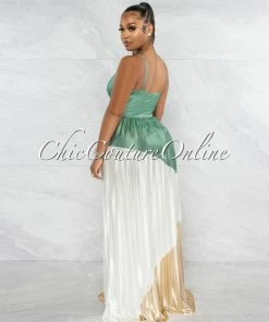 Vendor-unknown Yolana Sage Nude Block Color Pleated Satin Maxi Dress JUST IN