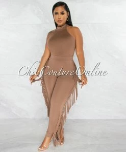 Chic Couture Online JUST IN Andrea Brown Crop Top & Tassels Leggings Set