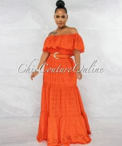 Chic Couture Online Catrice Orange Eyelet Ruffle Gold Belt Maxi Dress