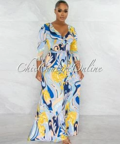 Chic Couture Online Sweda Baby Blue Yellow Print Belted Maxi Dress
