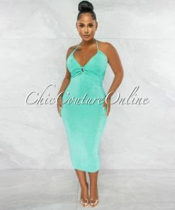 Chic Couture Online Dallas Mint Front Key-Hole Midi Shimmery Dress JUST IN