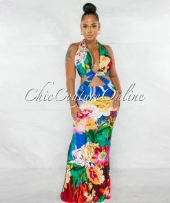 Chic Couture Online JUST IN Lunar Multi-Color Floral Print Cut-Out Maxi Dress