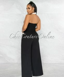 Vendor-unknown Torny Black White Trim Halter Wide Legs Jumpsuit JUST IN