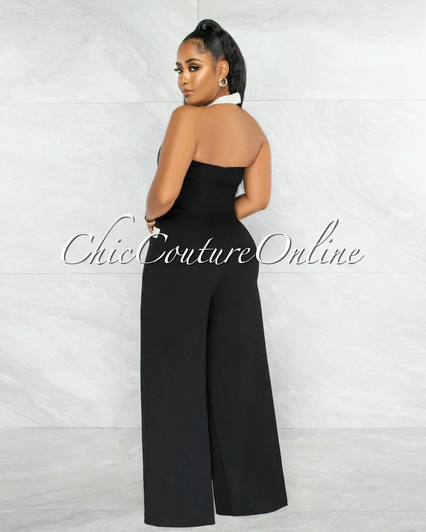 Vendor-unknown Torny Black White Trim Halter Wide Legs Jumpsuit JUST IN