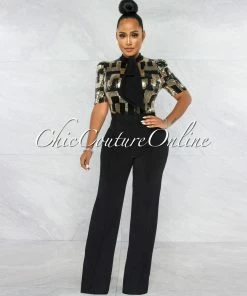 Vendor-unknown JUST IN Jerricka Gold Black Sequins Bow Crochet Jumpsuit