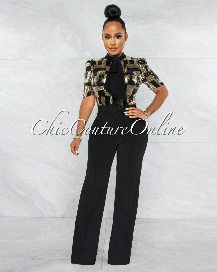 Vendor-unknown JUST IN Jerricka Gold Black Sequins Bow Crochet Jumpsuit