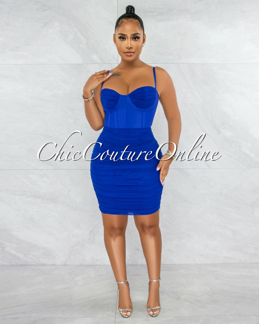 Vendor-unknown Bassett Royal Blue Mesh Ruched Bandage Corset Dress JUST IN