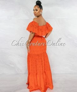 Chic Couture Online Catrice Orange Eyelet Ruffle Gold Belt Maxi Dress