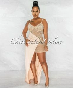 Chic Couture Online Briella Nude Rhinestones Mesh Sheer Dress & Gold Silky Overlay JUST IN