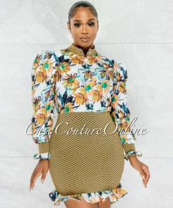Chic Couture Online JUST IN Harper White Mustard Floral Print Ruffle Dress