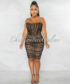 Chic Couture Online JUST IN Berton Leopard Print Black Tulle Corset Midi Dress
