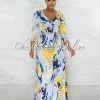 Chic Couture Online Sweda Baby Blue Yellow Print Belted Maxi Dress